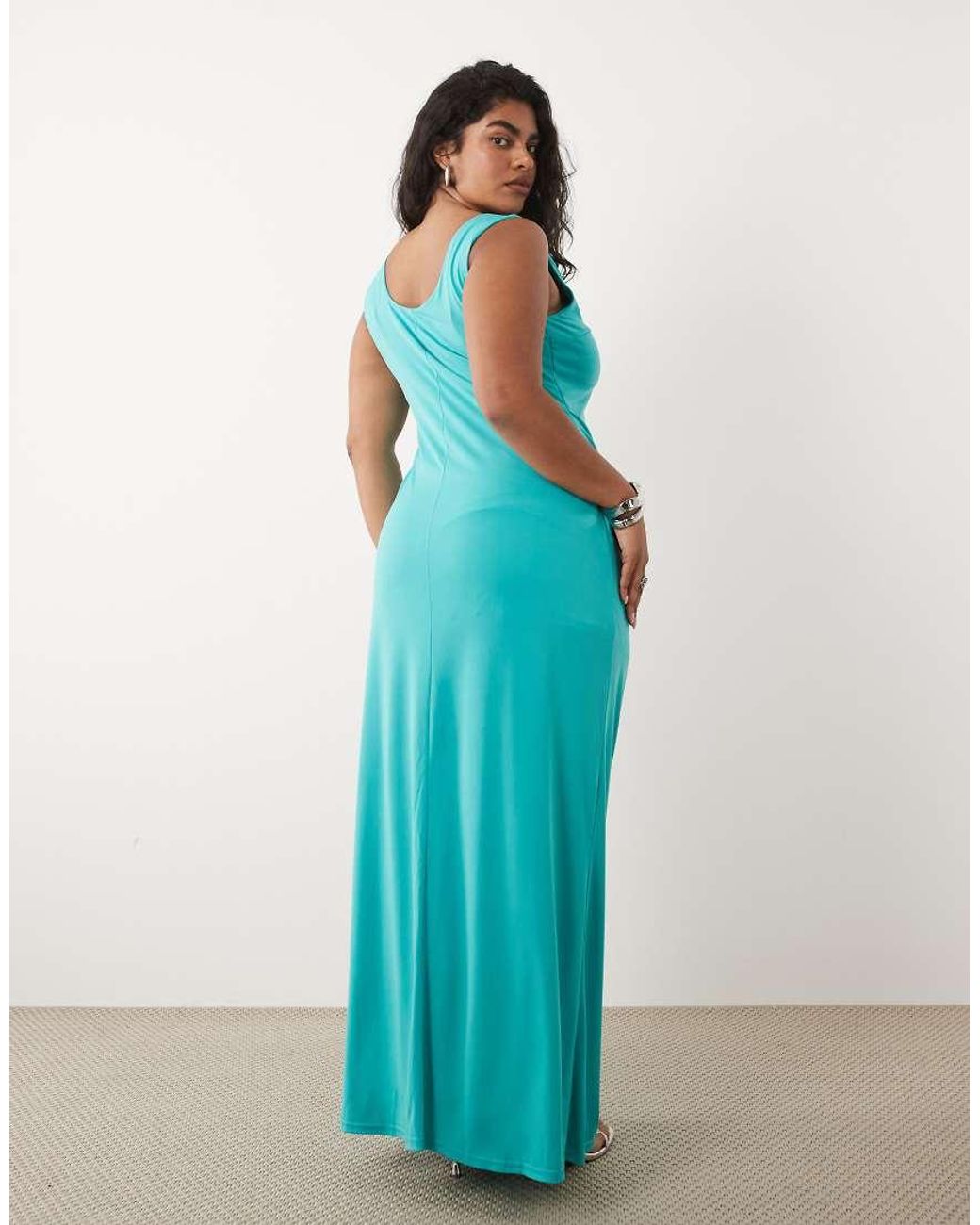 Tfnc Plus Blue Slinky Scoop Neck Knot Detail Split Maxi Dress