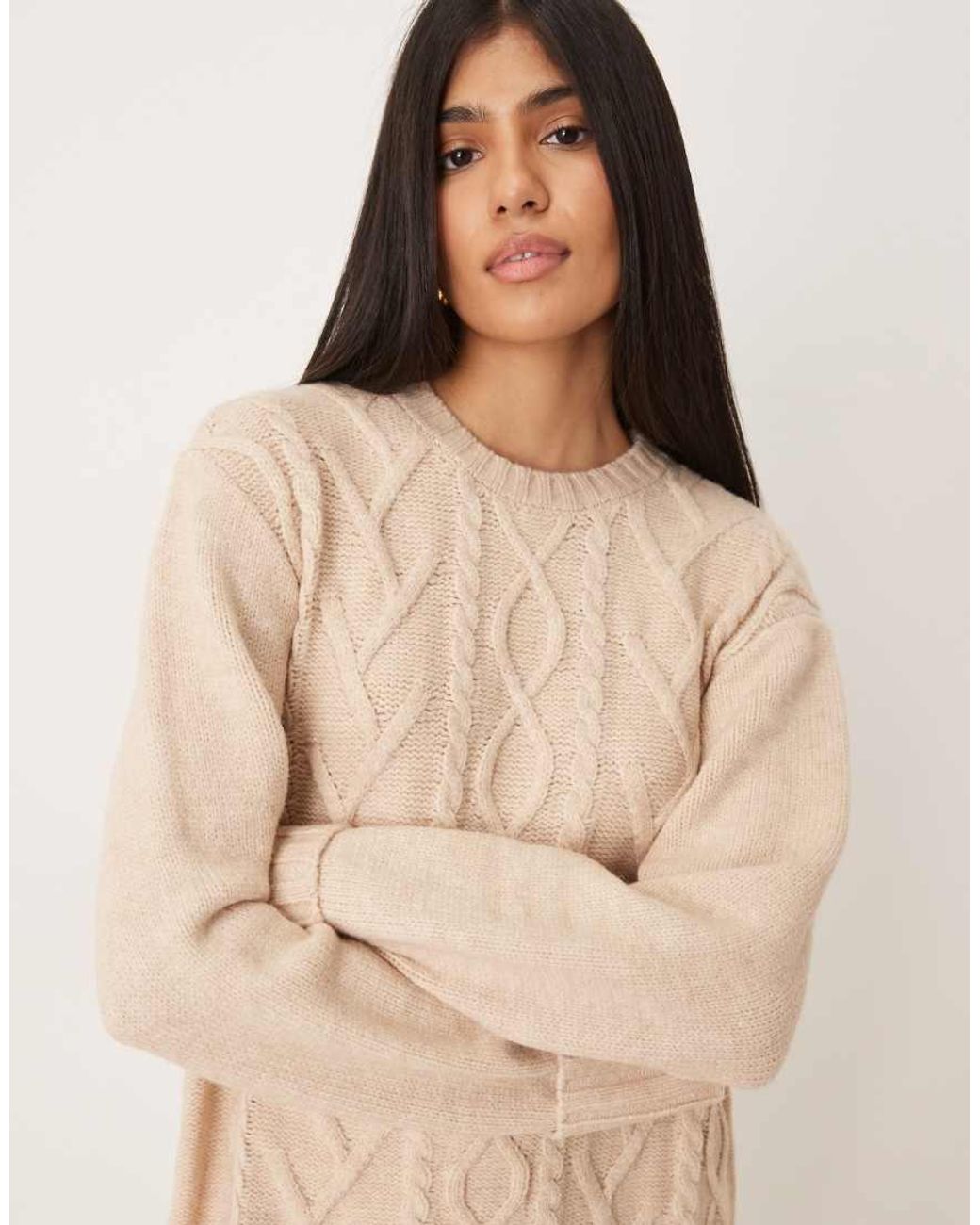 Pretty Lavish Natural Scarf Neck Cable Knit Mini Jumper Dress