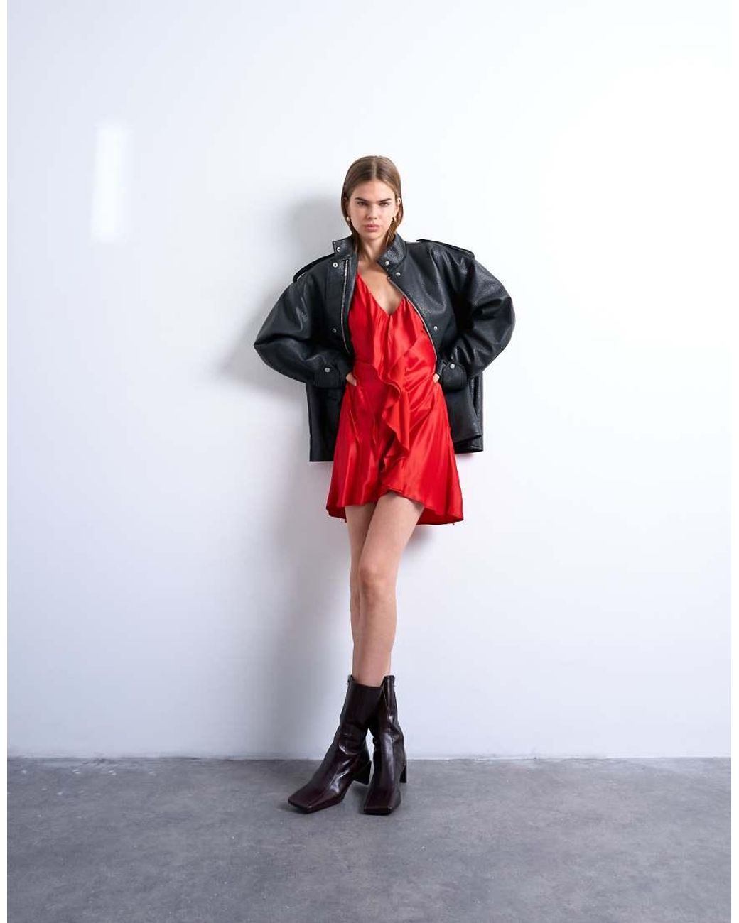TOPSHOP Red Raw Seemed Frill Mini Dress
