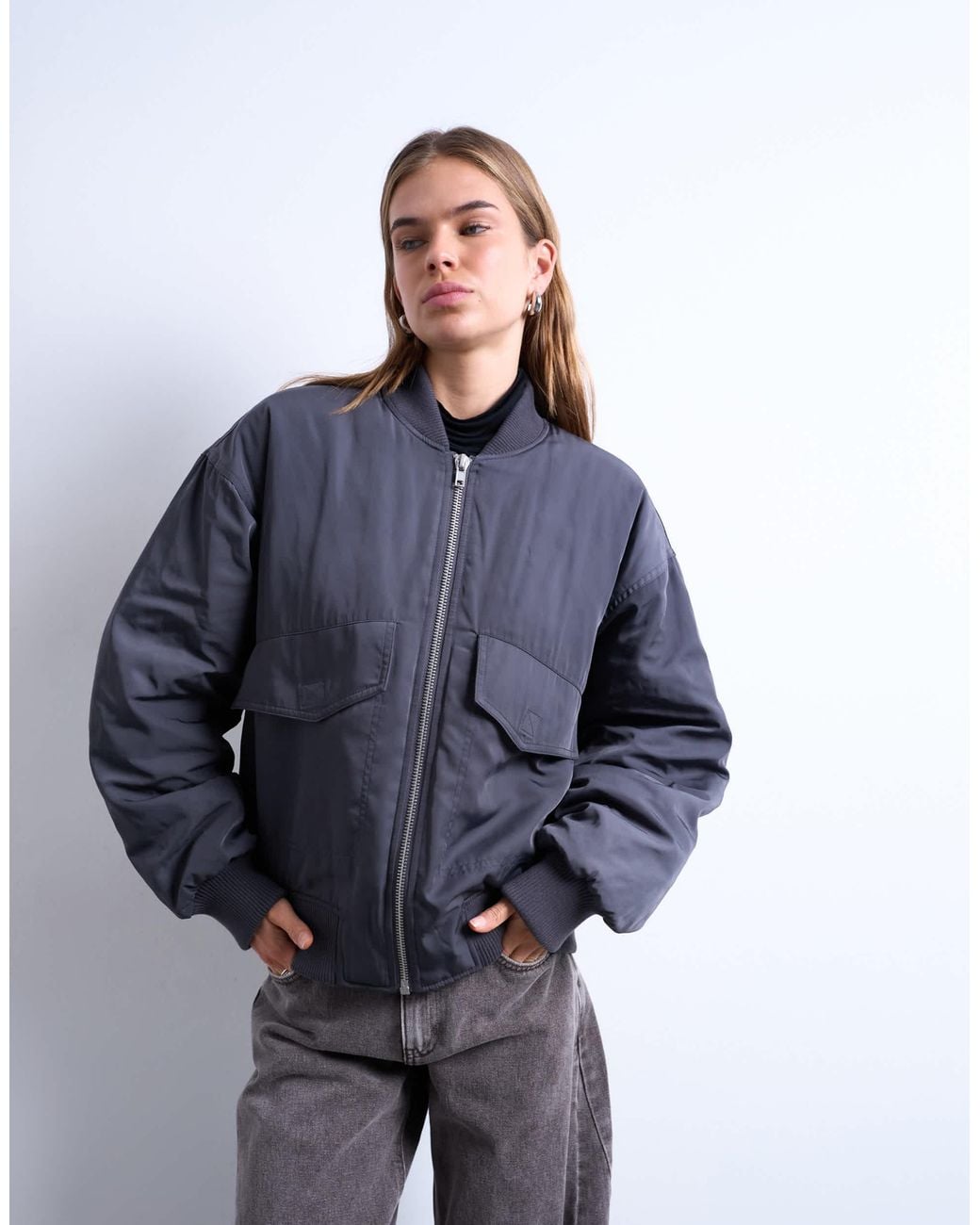 TOPSHOP Blue Rib Bomber Jacket