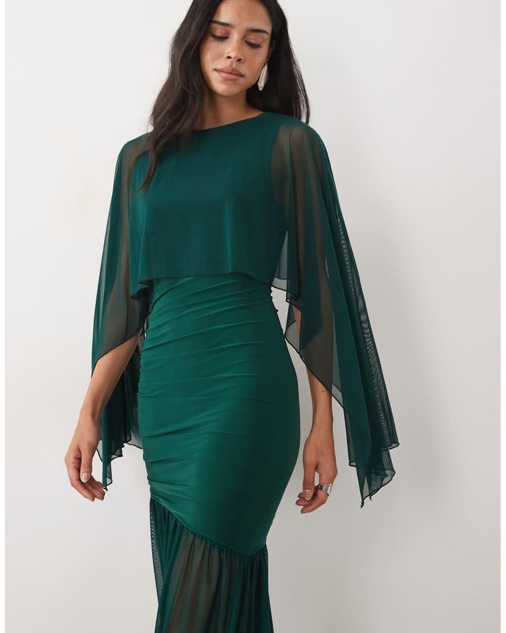 Kaiia Green Exclusive Double Layered Slinky Drop Waist Floaty Mesh Cape Overlay Sheer Hem Maxi Dress