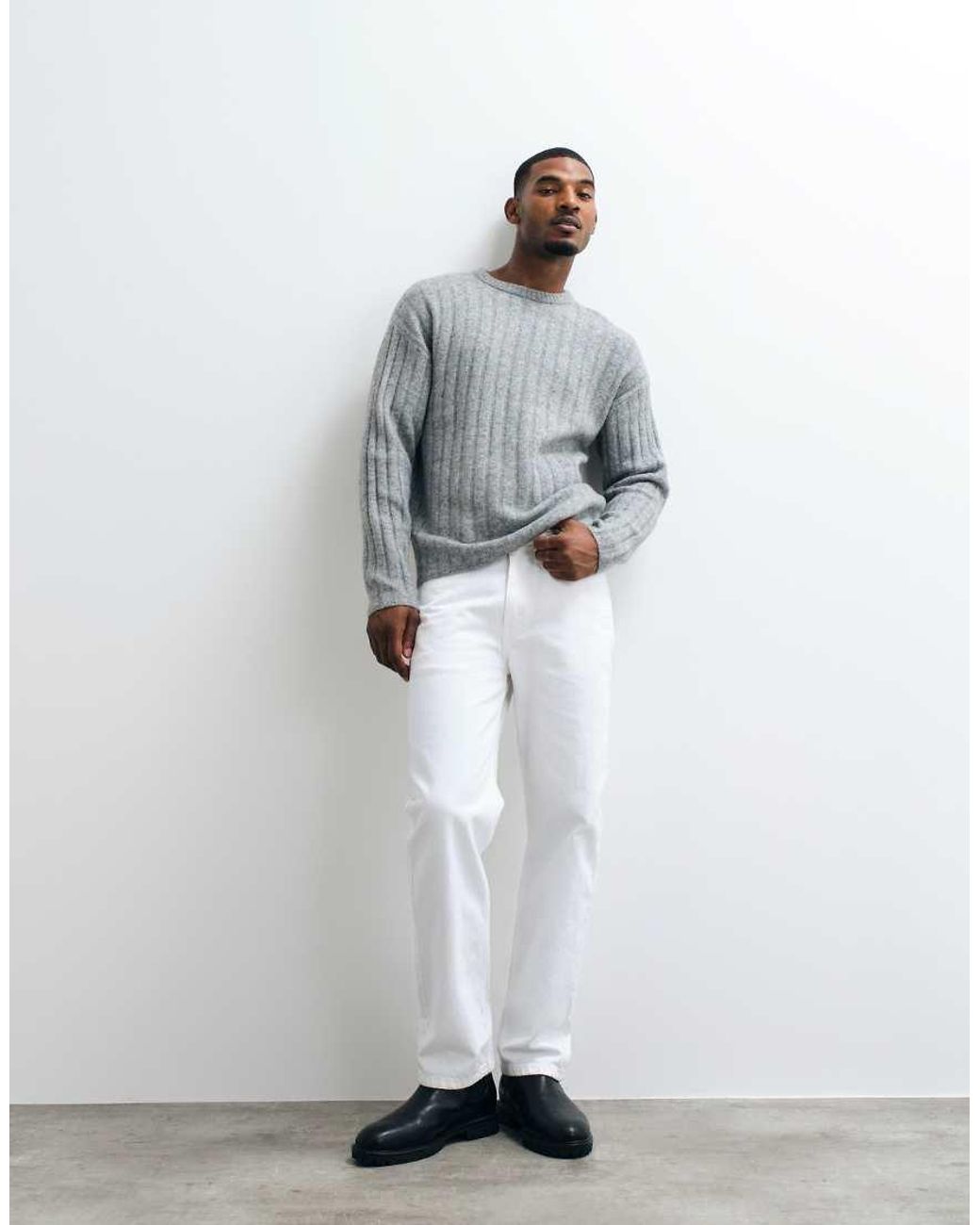 Jack & Jones Gray Chunky Rib Knit Jumper for men
