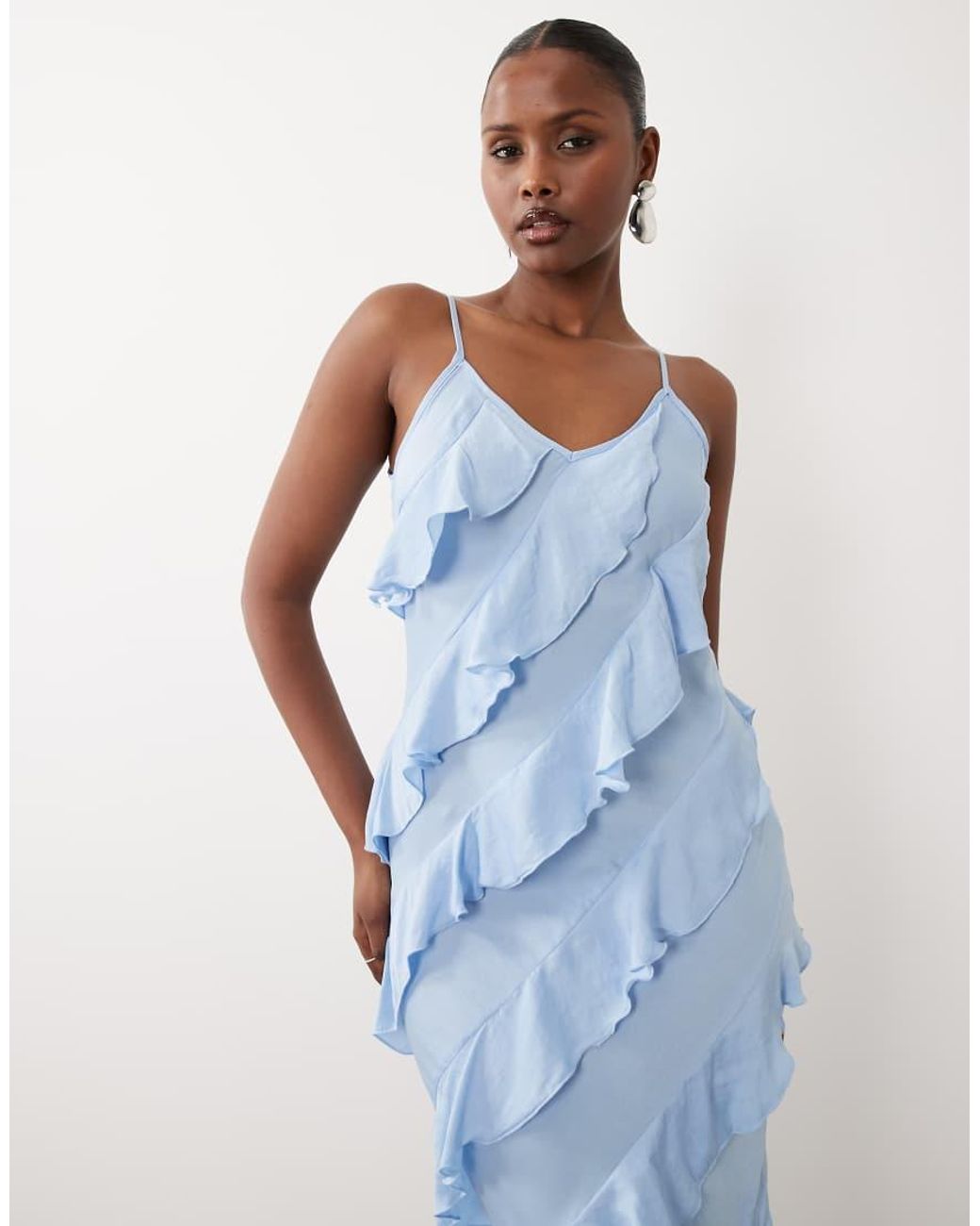 Vero Moda Blue Bias Cut Ruffle Cami Midaxi Dress