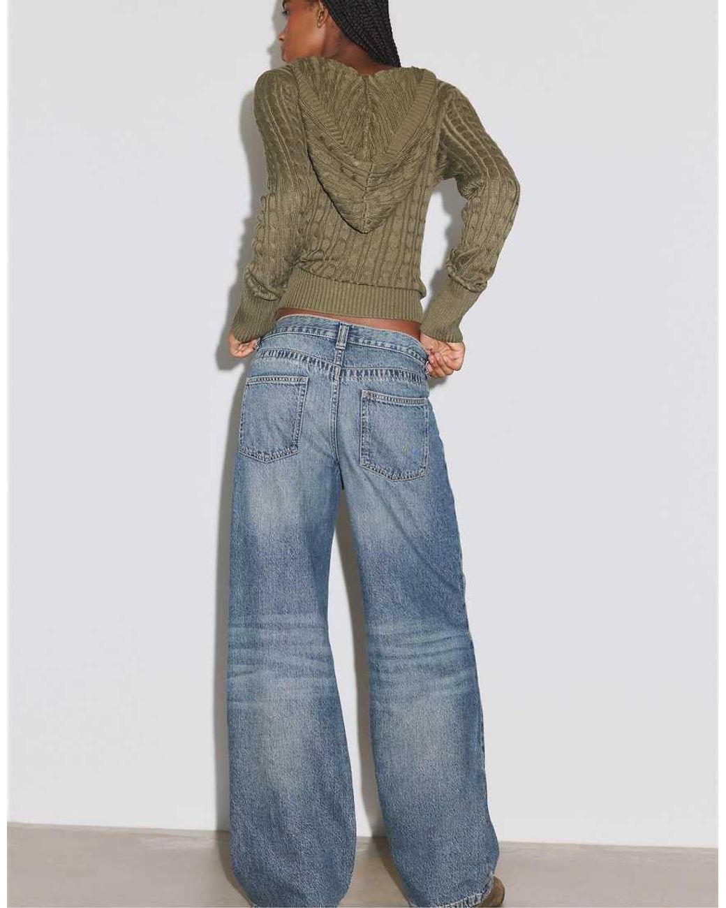 Stradivarius Blue Cross-Over Waist Wide-Leg Jeans