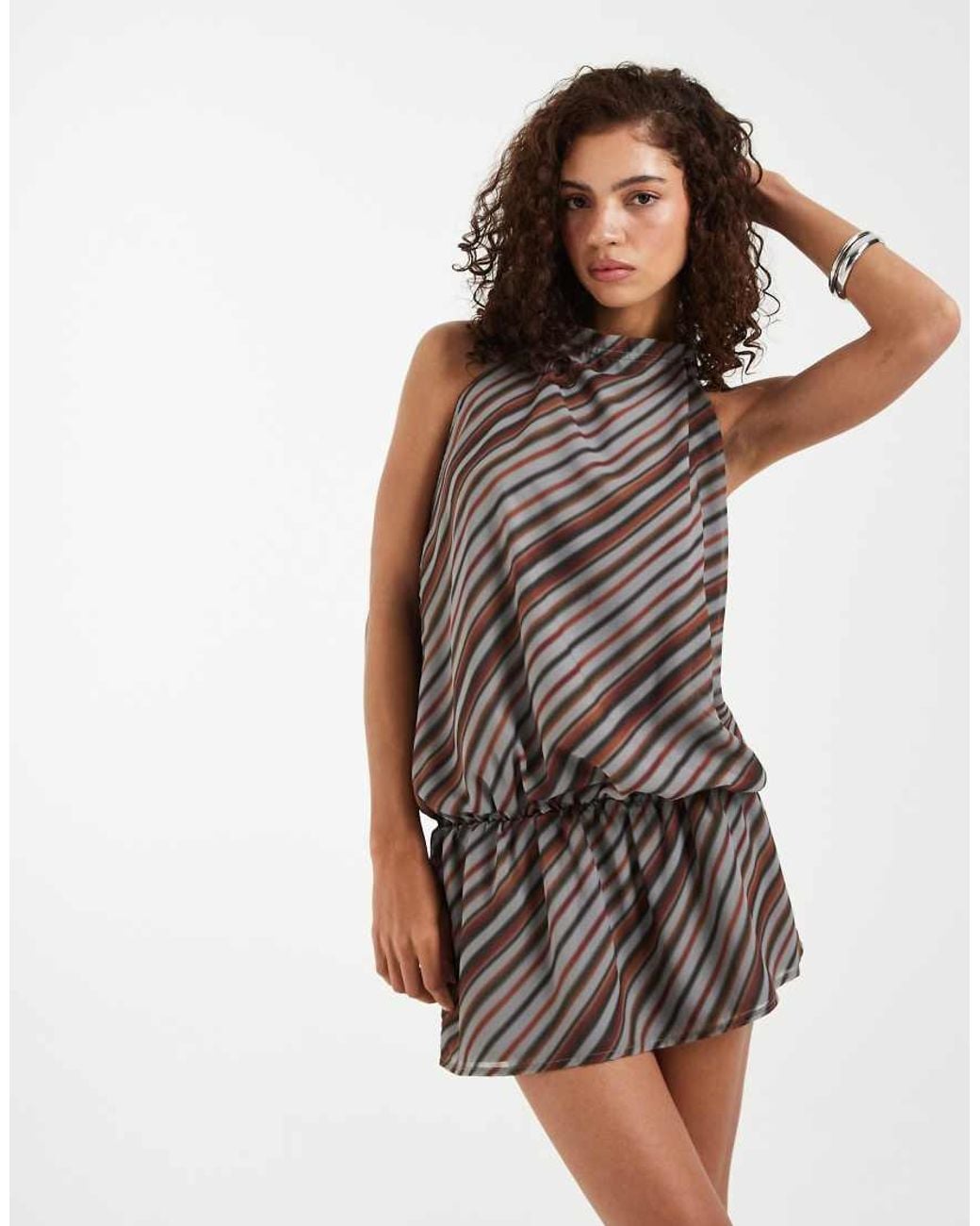 Motel Natural Veloria Halter Stripe Mini Dress