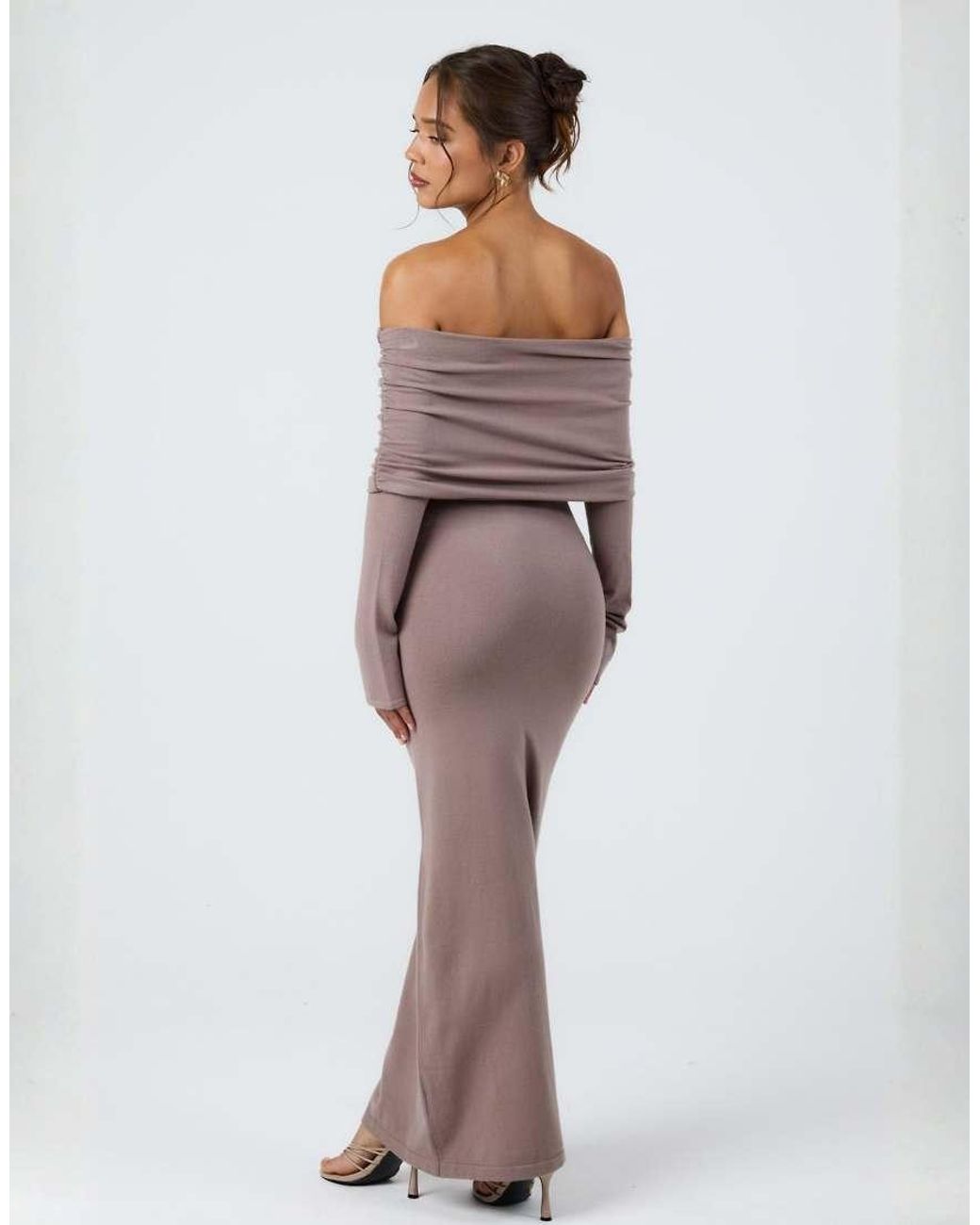 Aria Cove Purple Knit Ruched Deep Bardot Maxi Dress
