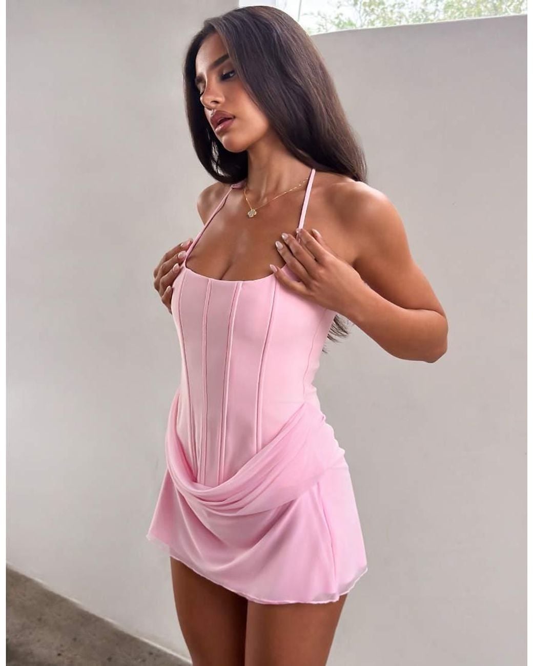 Tiger Mist Pink Lyza Halterneck Corset Lace Up Back Drape Waist Detail Mini Dress