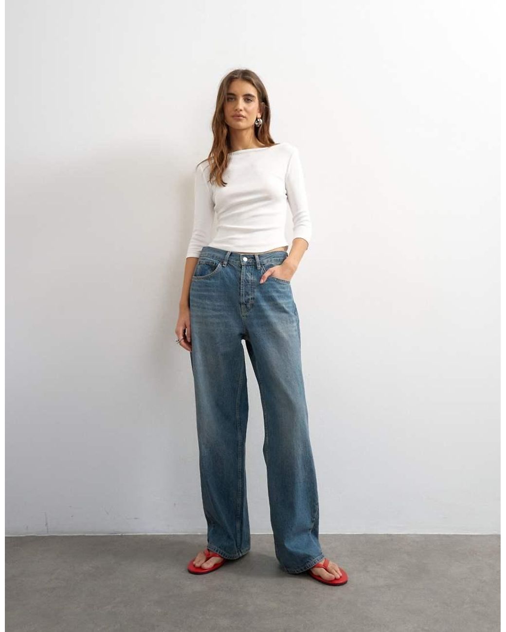TOPSHOP White Slash Neck Curve Hem Top
