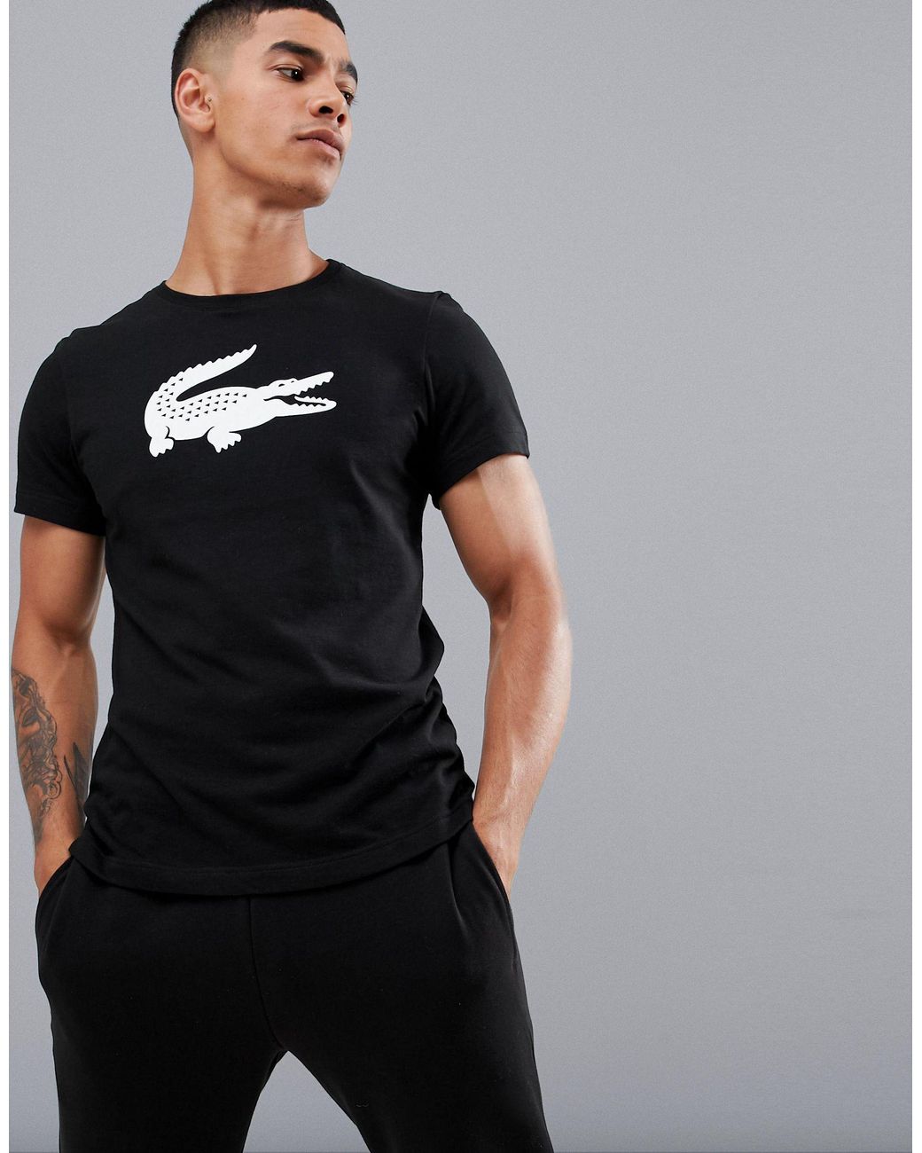 Lacoste Cotton Sport Large Croc Logo T-shirt in Black for Men | Lyst