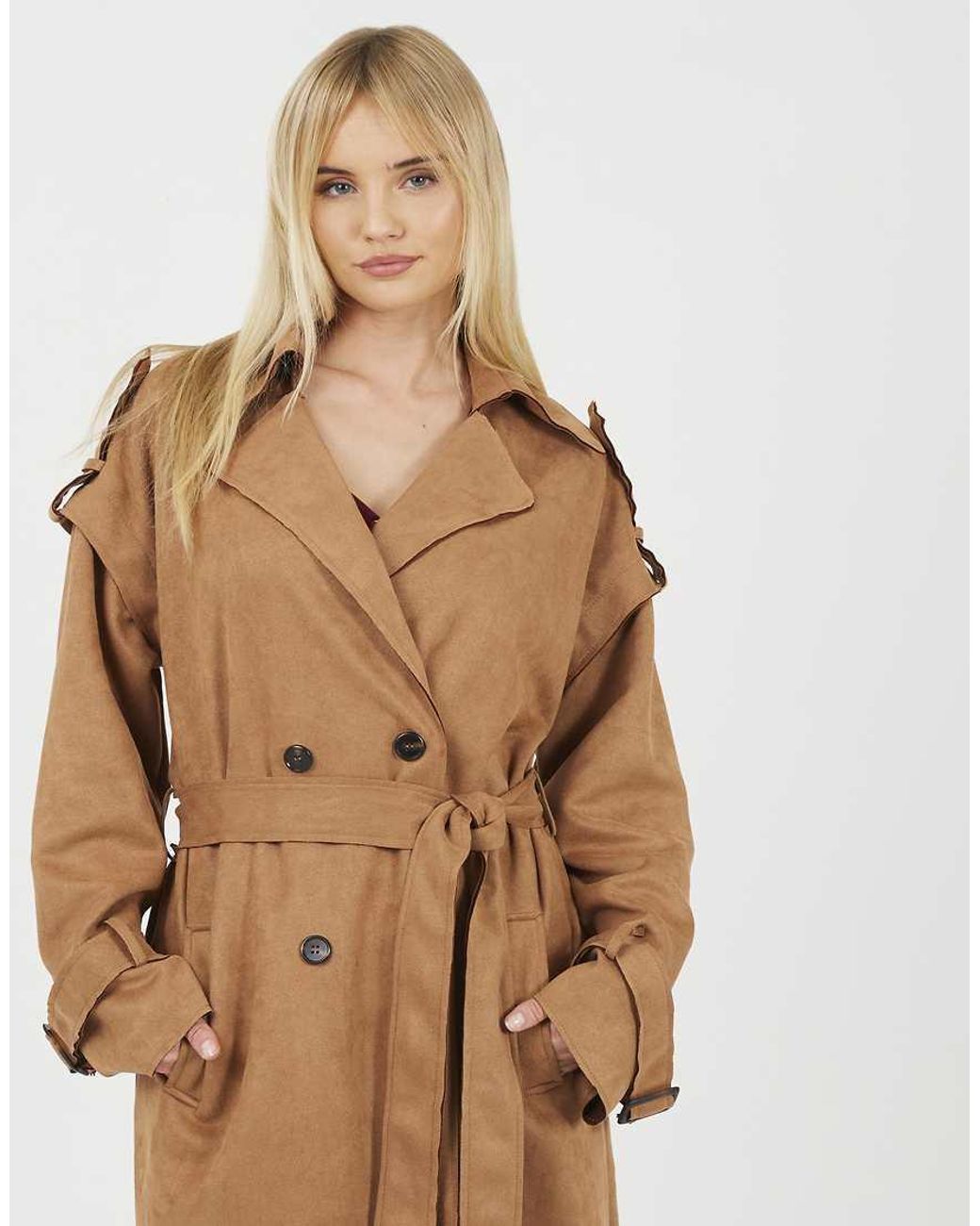 Brave Soul Natural Faux Suede Double Breasted Trench Coat