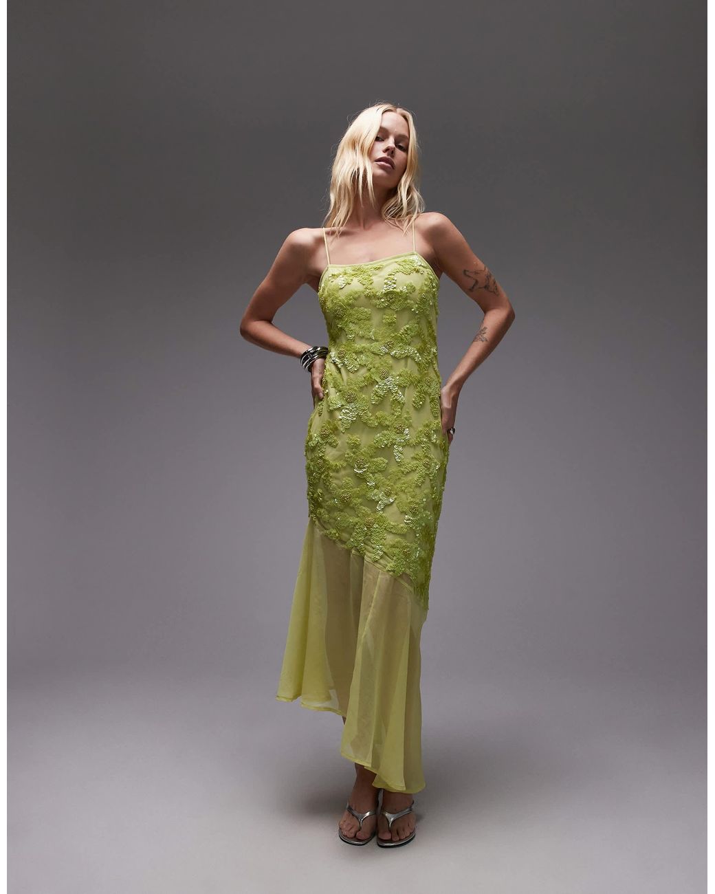 TOPSHOP Embellished Godet Hem Cami Dress in Green | Lyst