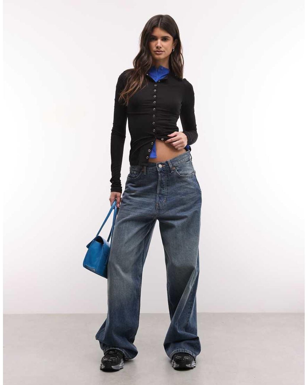 Weekday Black Slim Fit Button Front Long Sleeve Top