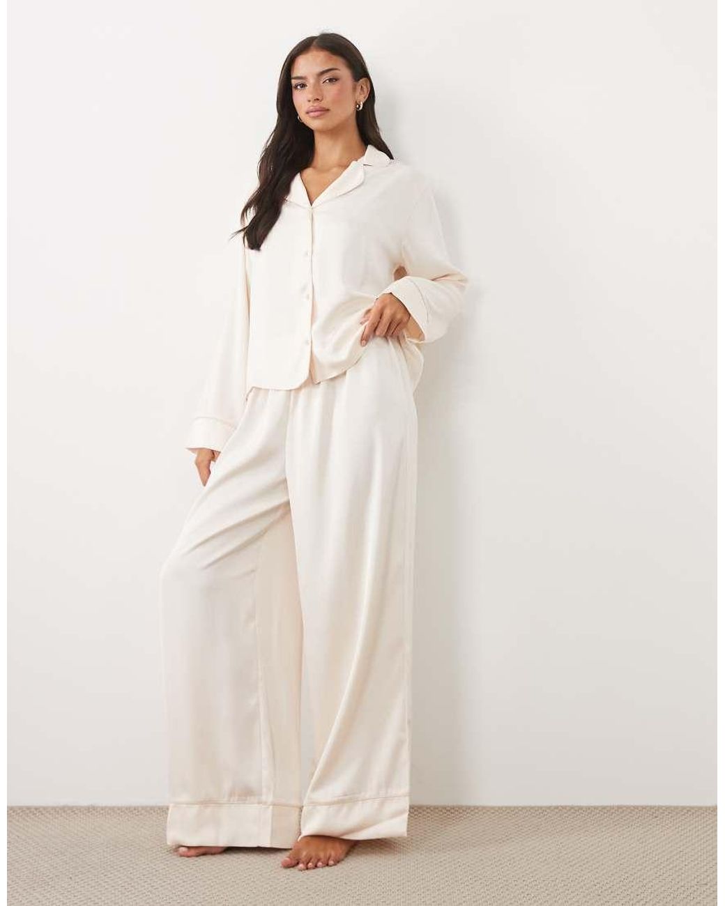 ASOS Natural Satin Pyjama Shirt And Trouser Set