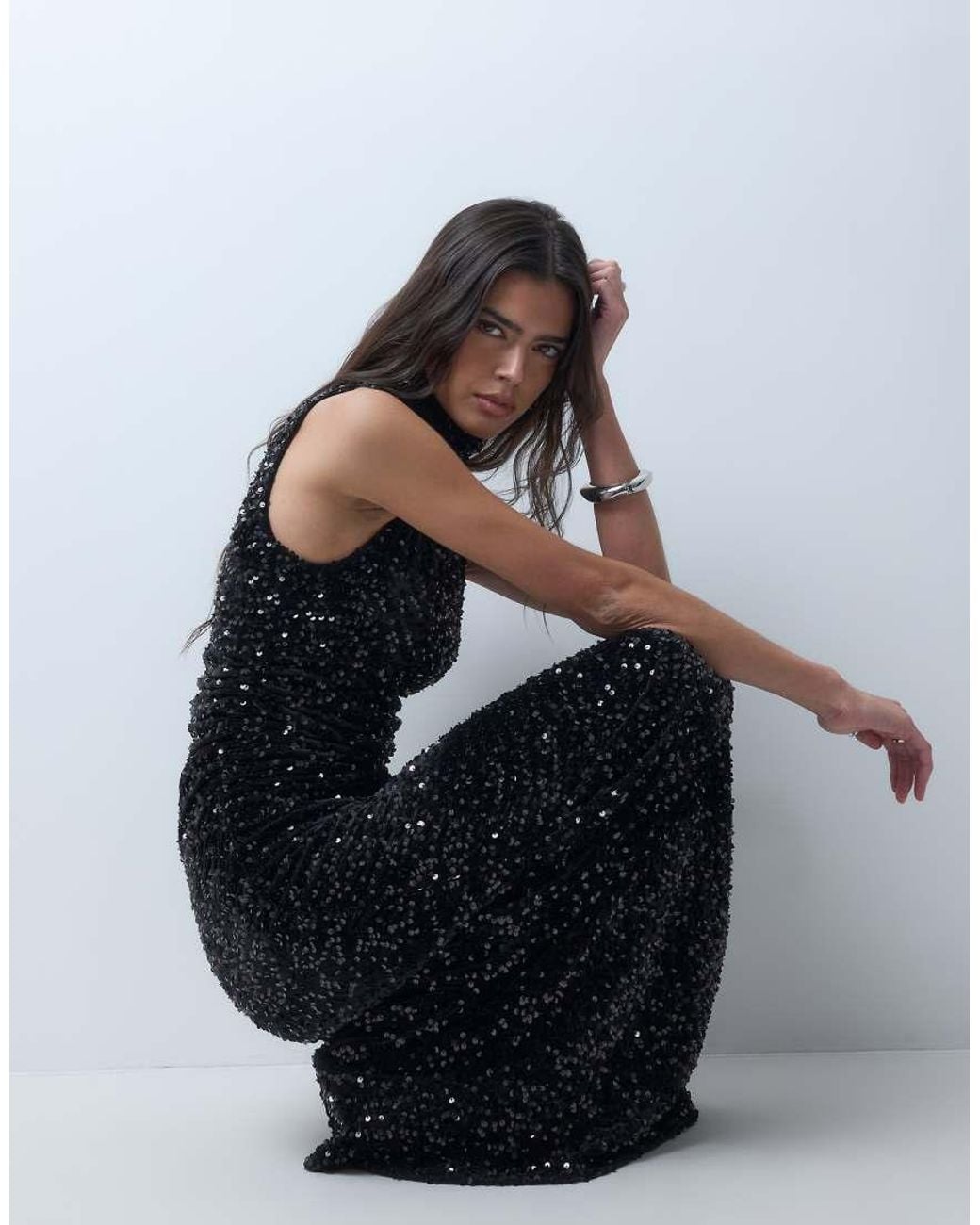ASOS Blue Velvet Sequin Shoulder Pad Mesh Maxi Dress