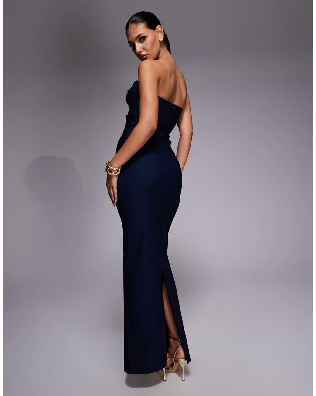 Vesper Blue Bengaline Drape Waist Bandeau Maxi Dress