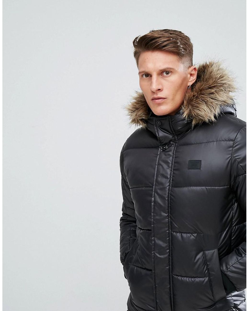 Jack & Jones Core Puffer Jacket With Faux Fur Hood in Black for Men | Lyst