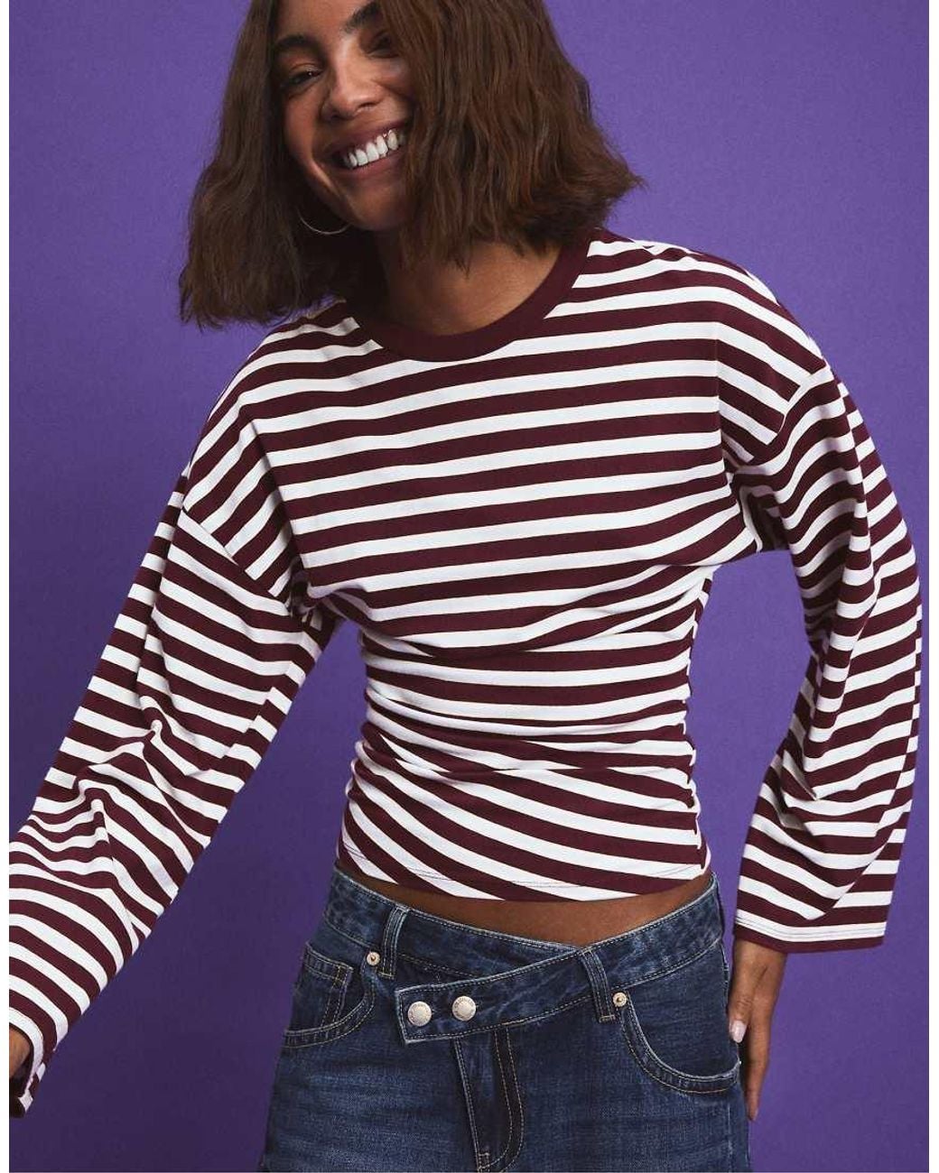 Stradivarius Purple Long Sleeve Striped T-shirt With Ruched Waist