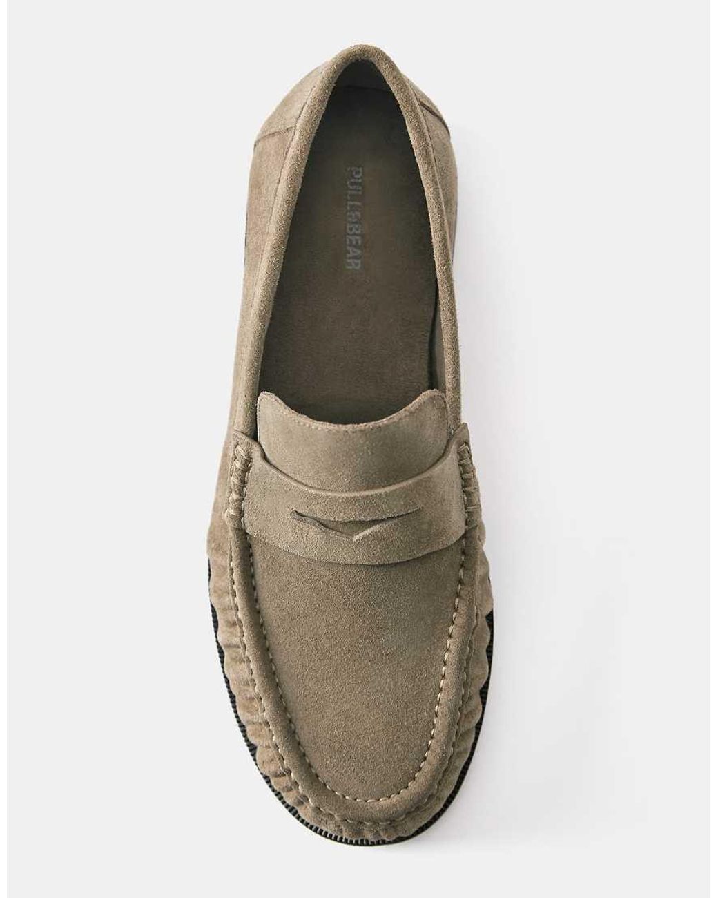 Pull&Bear Brown Gathered Leather Loafers for men