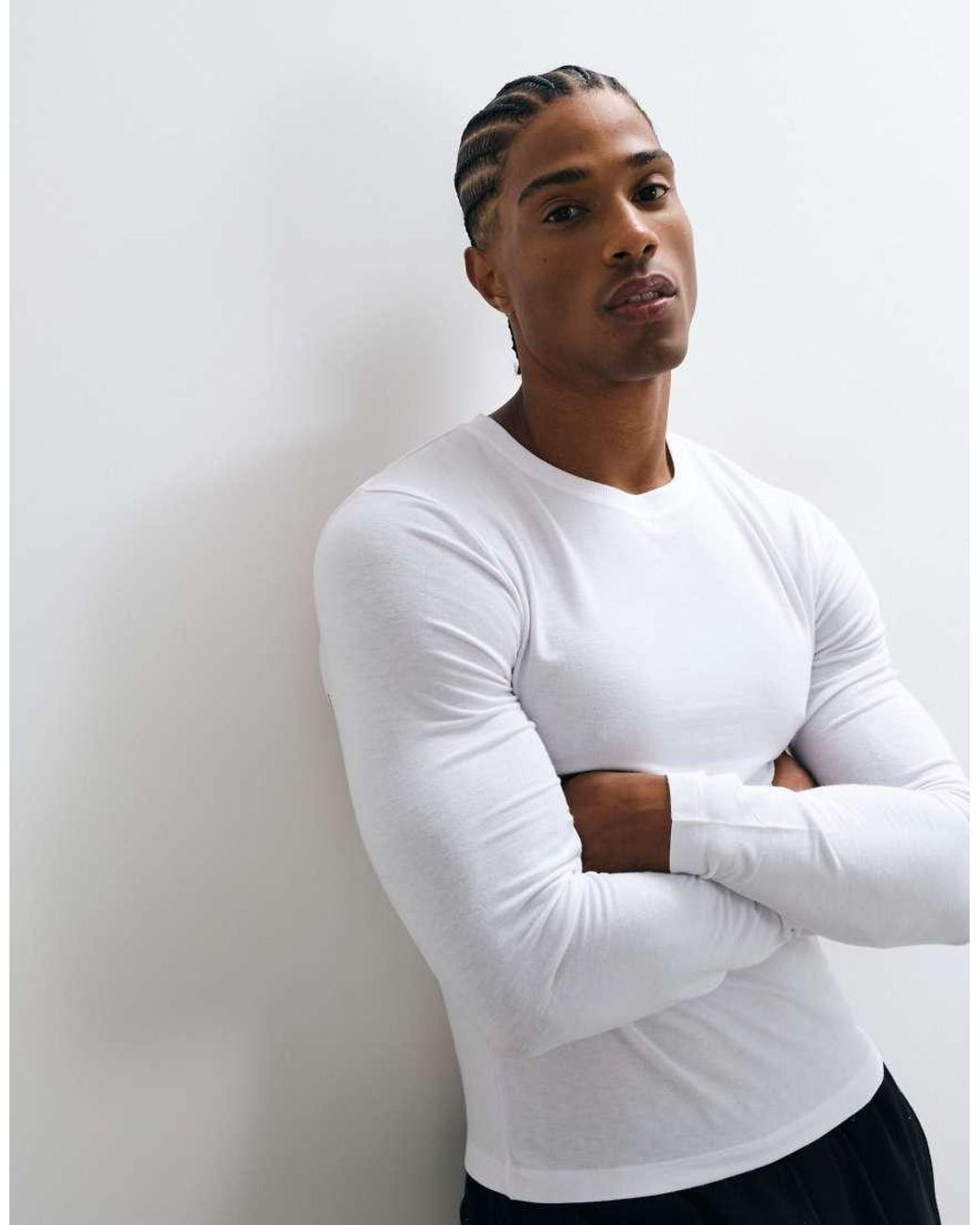 Collusion White Fitted Long Sleeve Muscle T-shirt for men