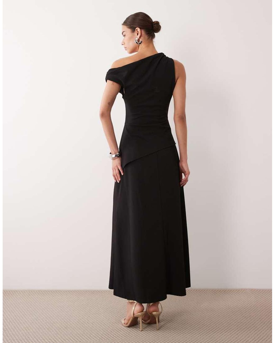ASOS Black Crepe Fallen Shoulder Maxi Dress With Ruched Skirt Detail