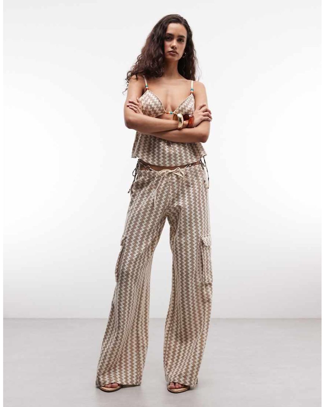Roxy Natural Zigzag Stripe Beach Crop Top With Bead Detail