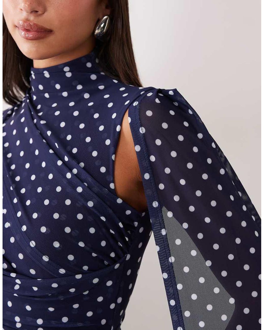 Ruched & Ready Blue Mesh High Neck Cape Detail Thigh Split Maxi Dress
