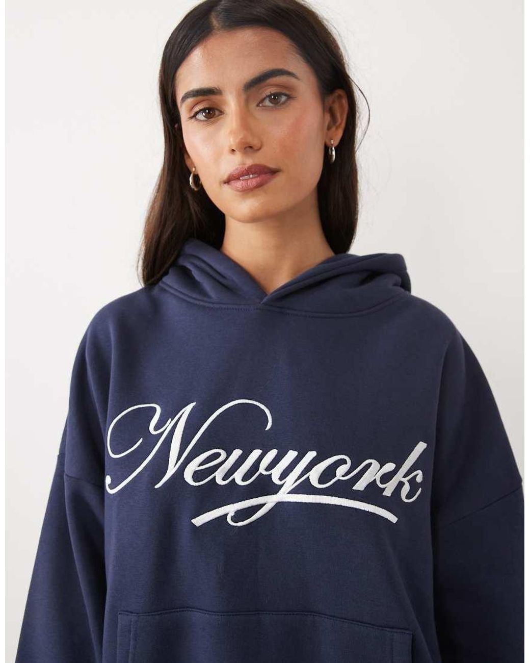 Kaiia Blue Cotton Rich Embroidered New York Script Logo Oversized Hoodie Co-ord