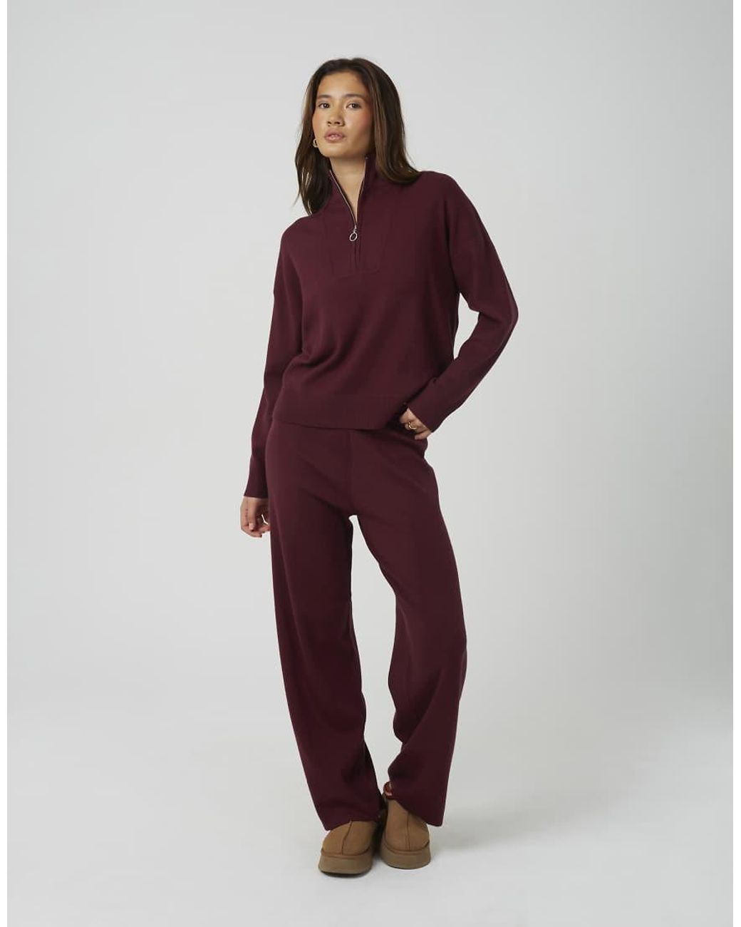 Brave Soul Purple Knitted Zip Neck Jumper And Trouser Set