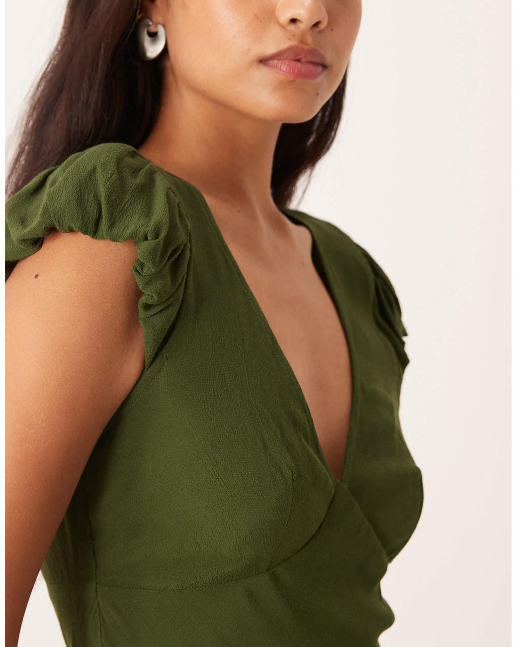 ASOS Green Puff Sleeve V-neck Maxi Tea Dress