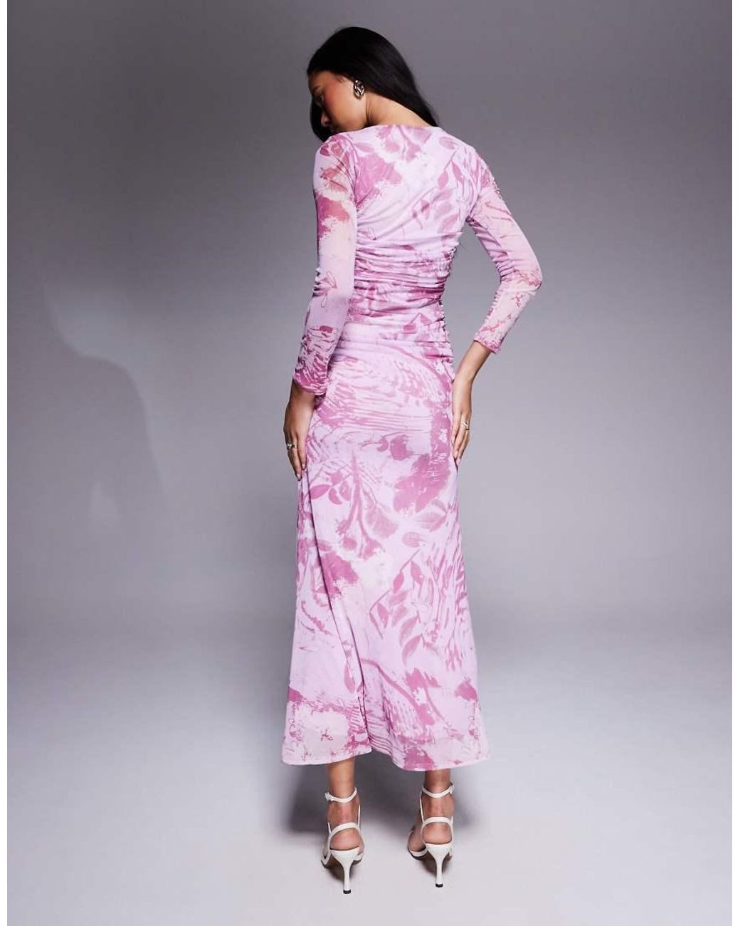 ASOS Purple Mesh Long Sleeve Ruched Maxi Dress