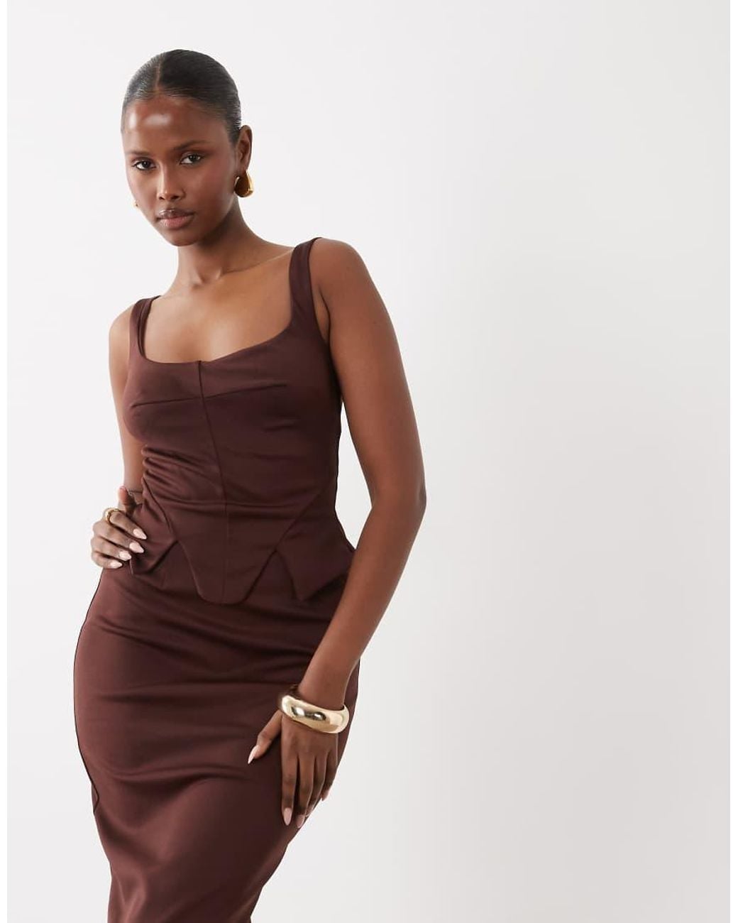 ASOS Brown Structured Pencil Midi Dress With Corset Waist Detail