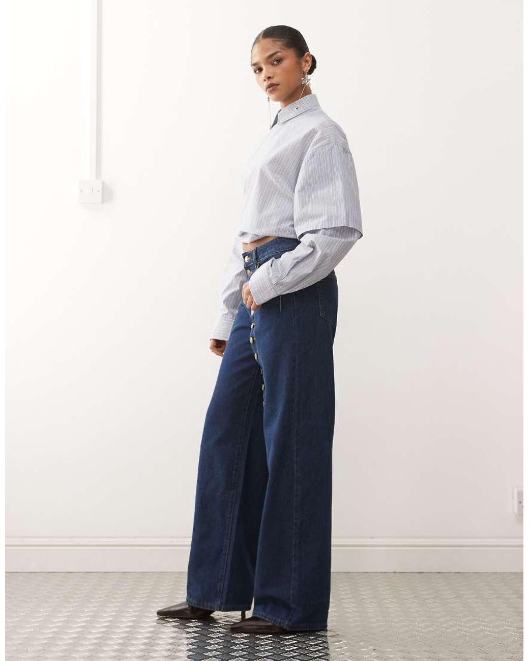 Lioness Blue Penny Asymmetric Button Detail Relaxed Leg Jeans