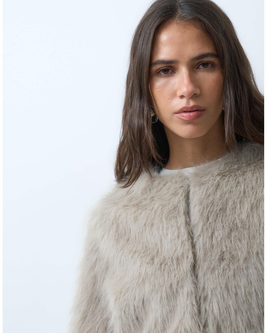 Mango Gray Faux Fur Collarless Jacket
