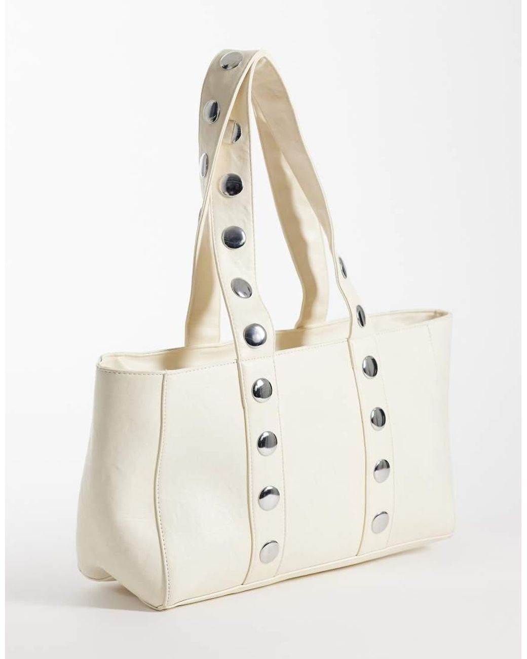 Kaiia Natural Exclusive Faux Leather Silver Studded Tote Bag