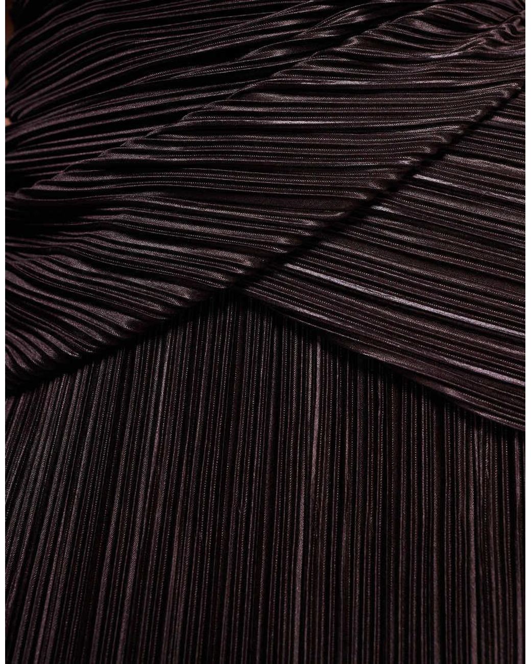 ASOS Brown Plissé Fallen Shoulder Pencil Maxi Dress With Twisted Waist Detailing