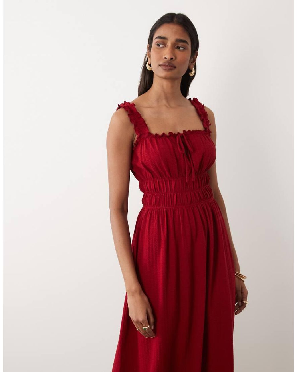 Miss Selfridge Red Seersucker Shir Detail Maxi Dress