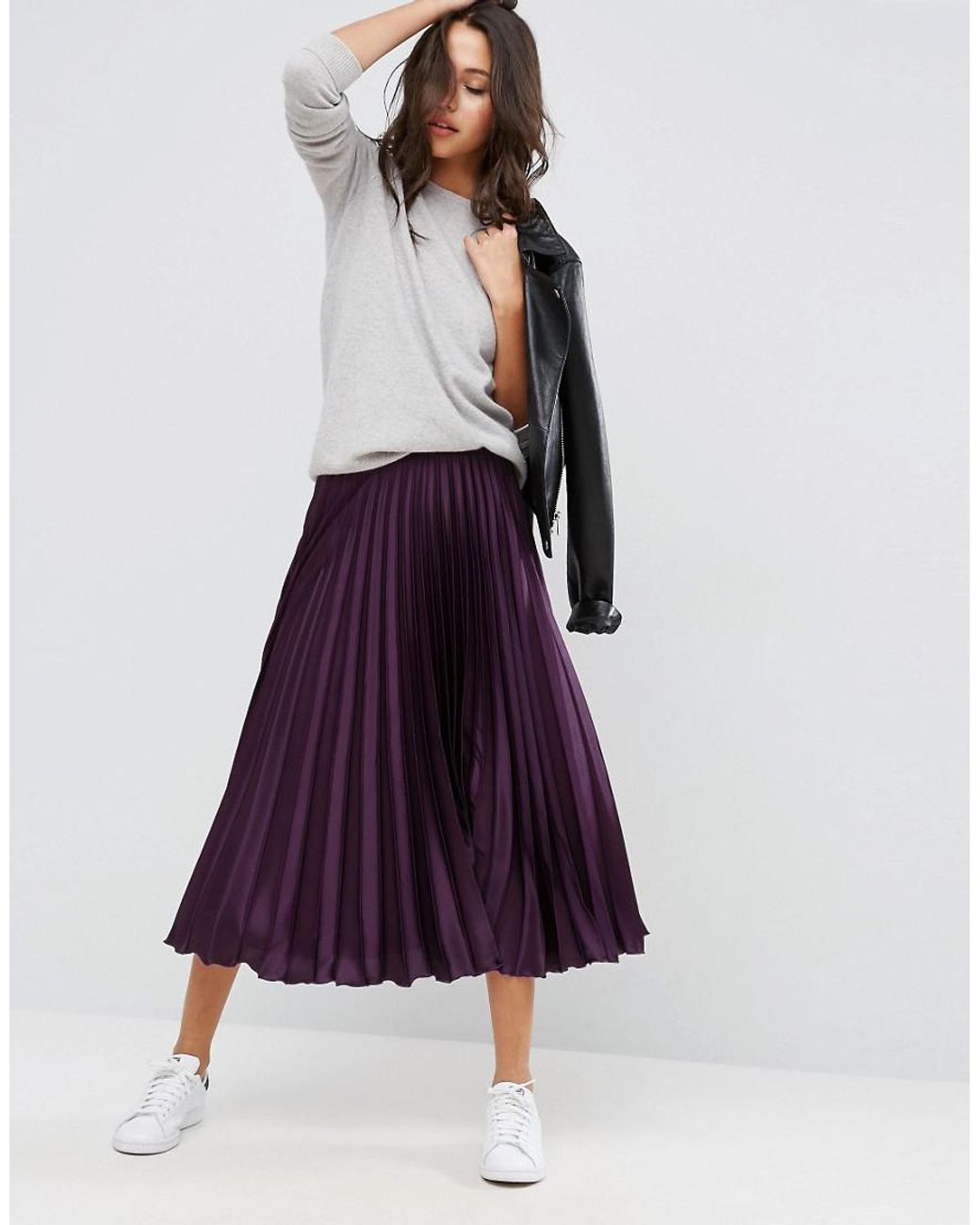 ASOS Midi Skirt In Pleated Satin in Purple | Lyst UK