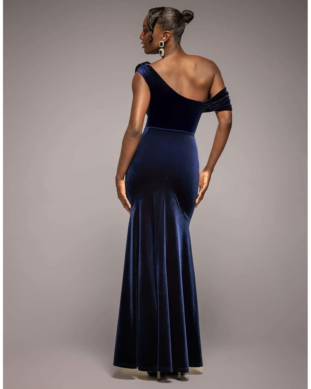 Goddiva Blue Cowl One Shoulder Velvet Maxi Dress