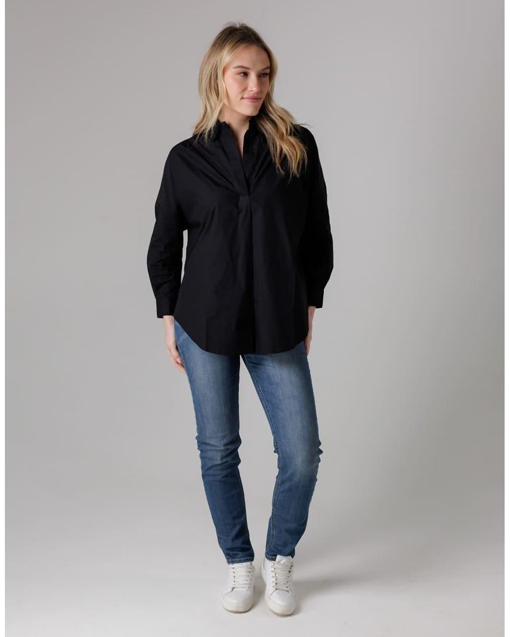 French Connection Black Cotton Long Sleeve Poplin Popover High-Low Hem Shirt