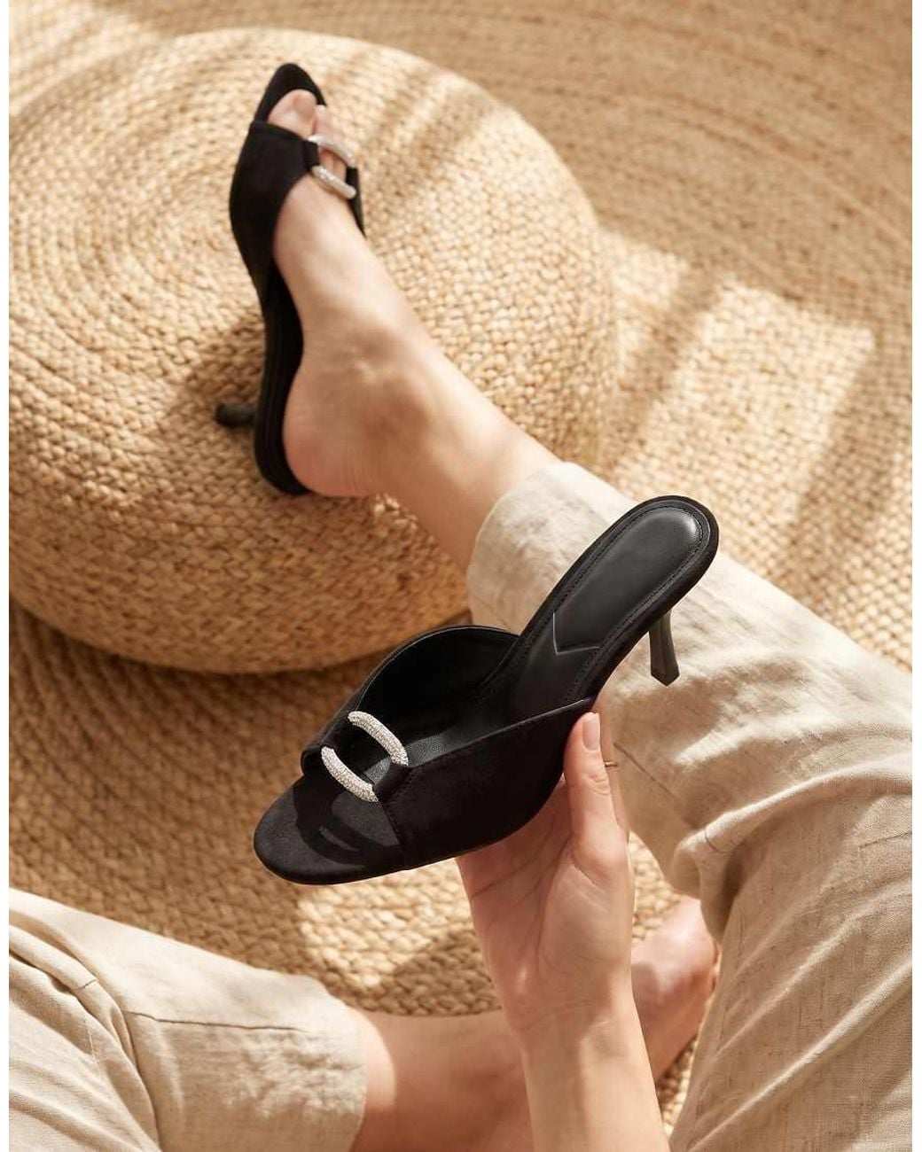SEQWL Black Mule Heels Slip On Sandals Rhinestone Embellished Buckle