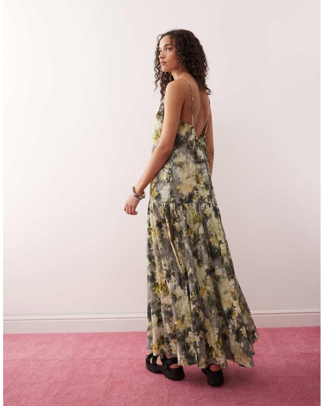Monki Pink Crinkled Tiered Floaty Maxi Dress With Low Tie Back Detail