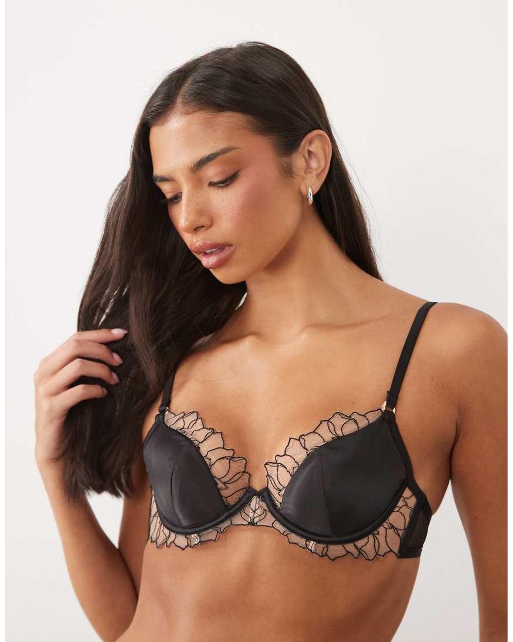 Bluebella Brown Fern Satin Moulded Plunge Bra With Mesh Trim