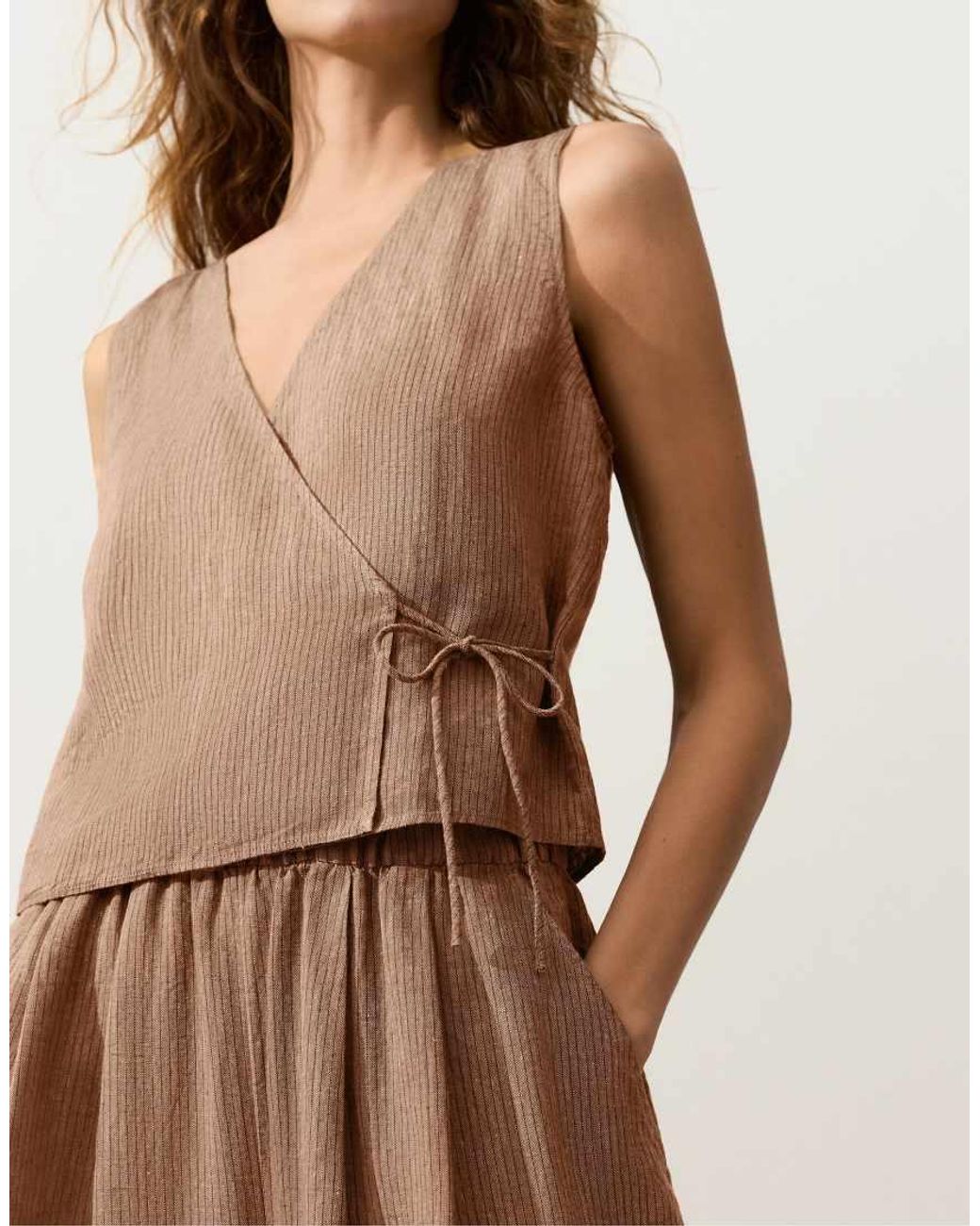 Oysho Brown 100% Linen Square Neck Crossover Tie Top