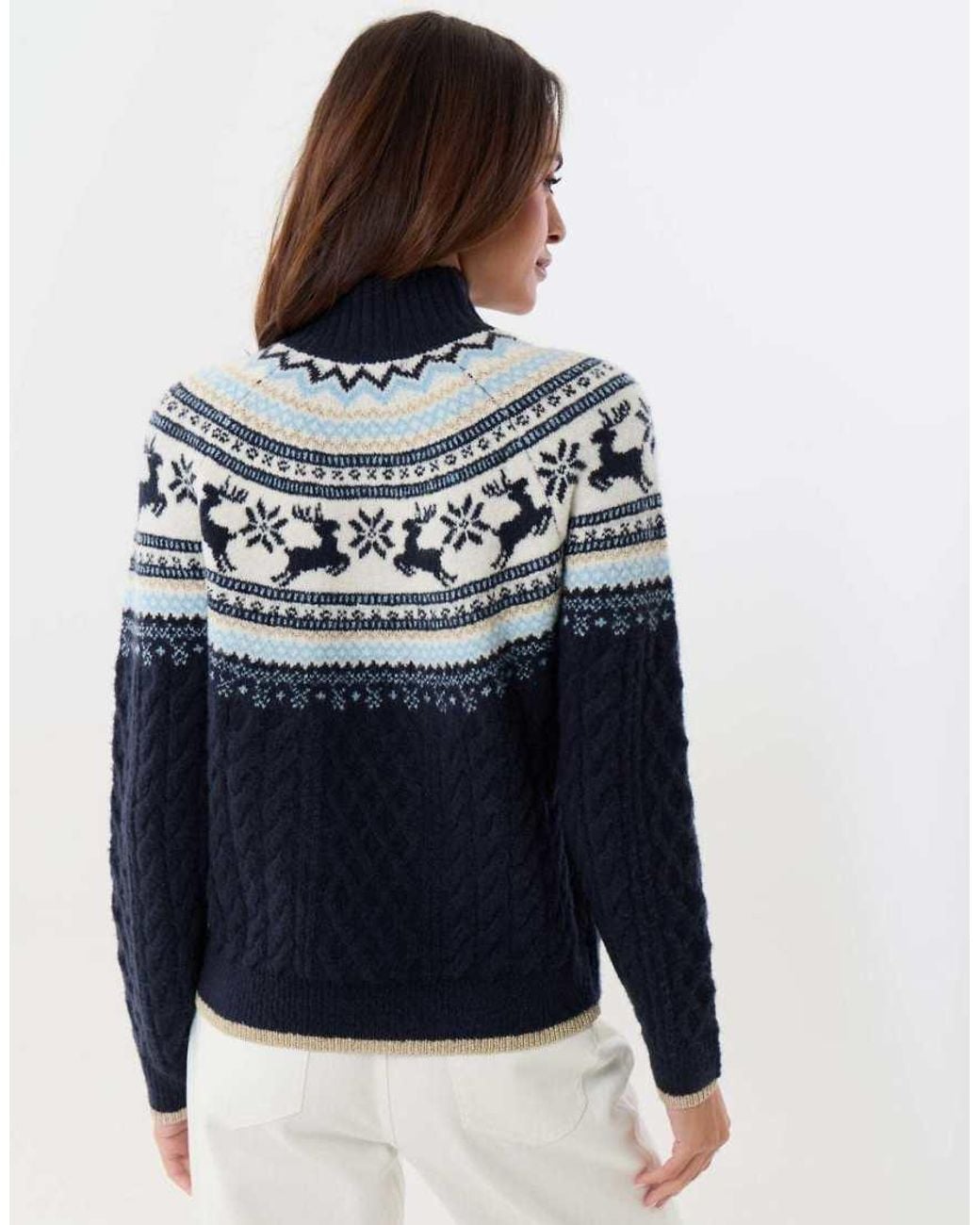 Threadbare Blue Reindeer Fairisle Cable Knit Christmas Jumper