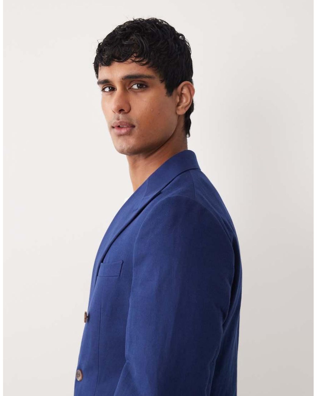 ASOS Blue Slim Linen Rich Double Breasted Suit Jacket for men