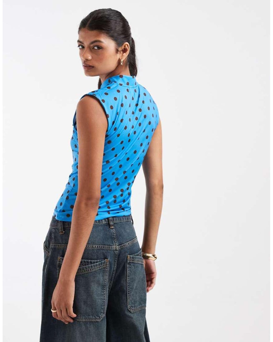 Pieces Blue Asymmetric Button Jersey Top