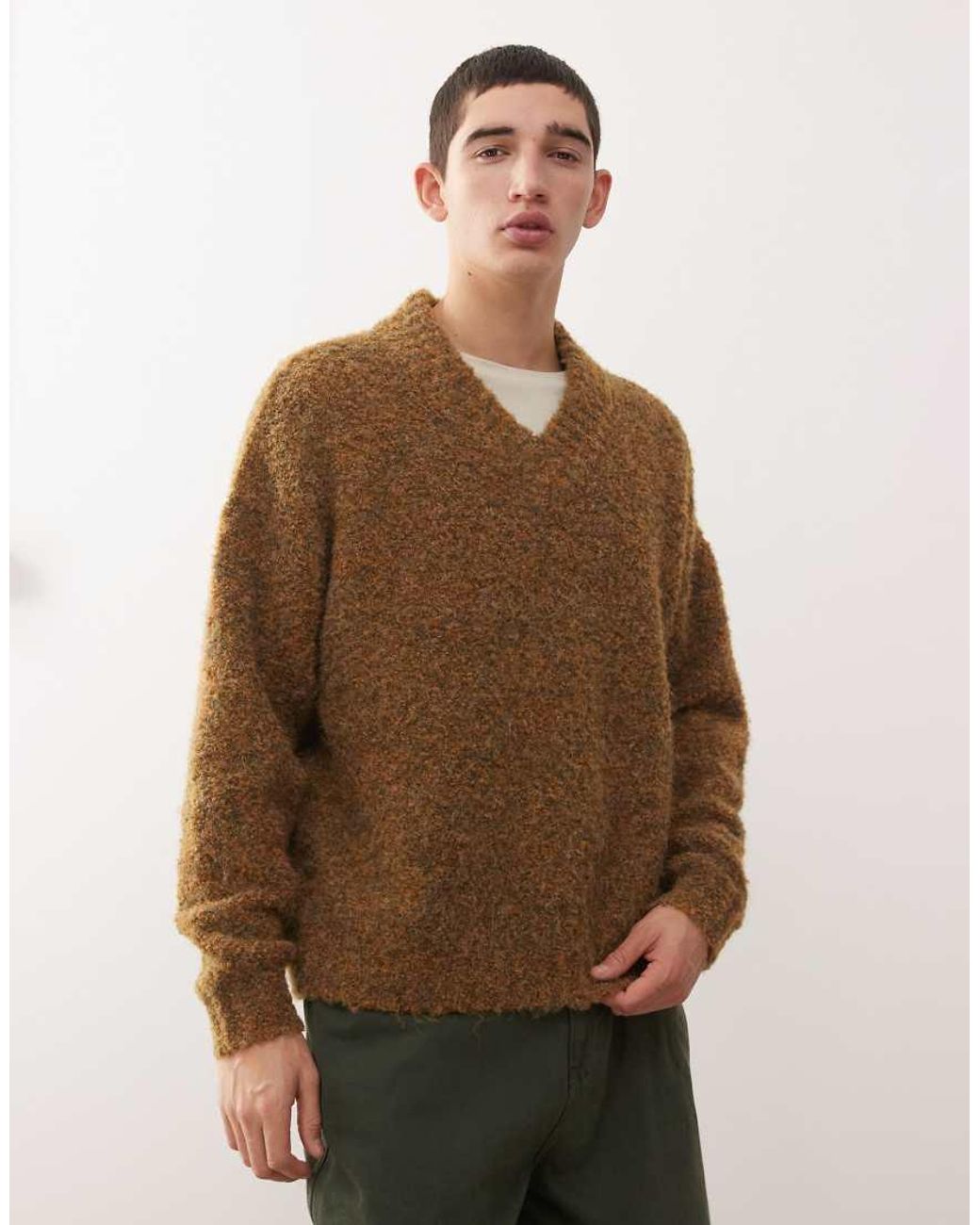 Reclaimed Vintage Brown Boucle V-Neck Boxy Jumper for men