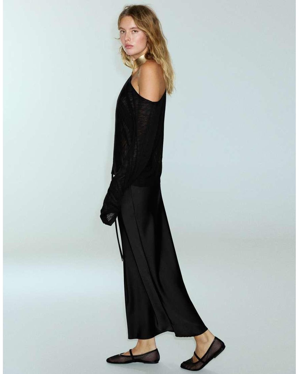 Pull&Bear White Satin Drawstring Midi Skirt
