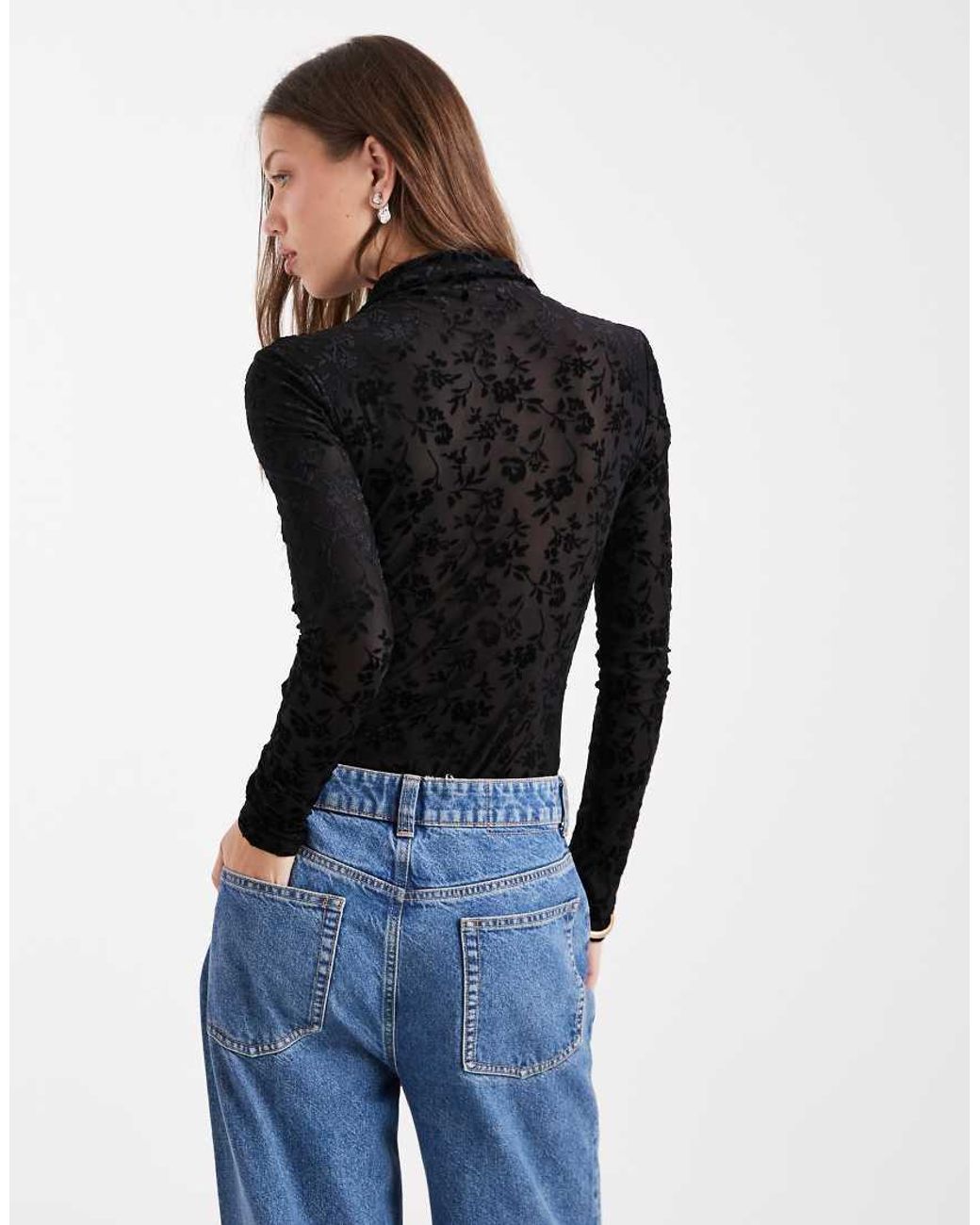 Miss Selfridge Black Devore High Neck Bodysuit