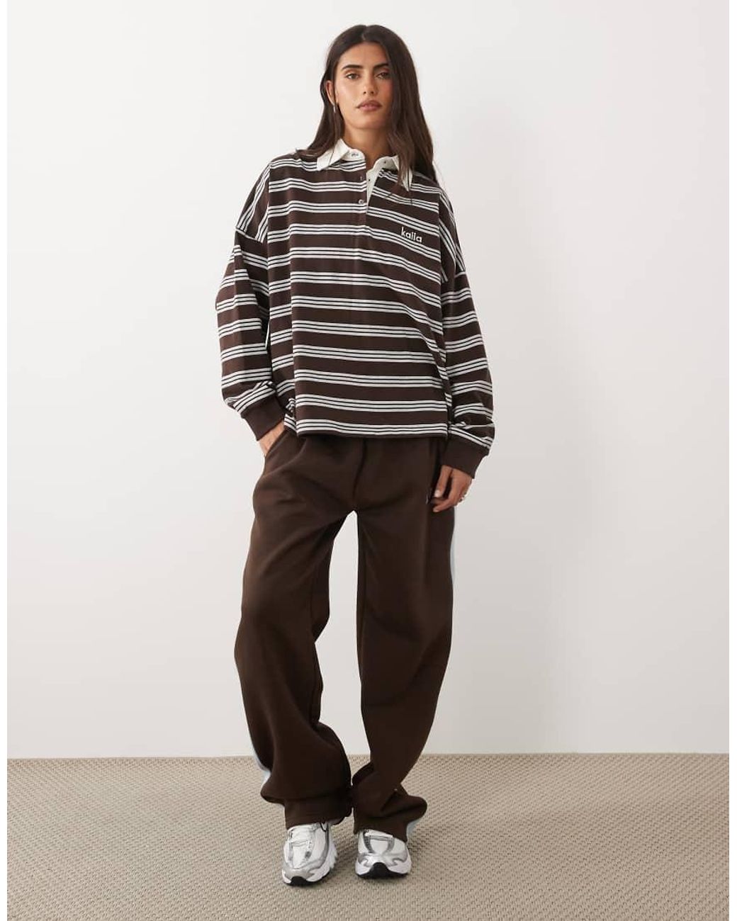 Kaiia Multicolor Cotton Oversized Collared Long Sleeve Rugby Top